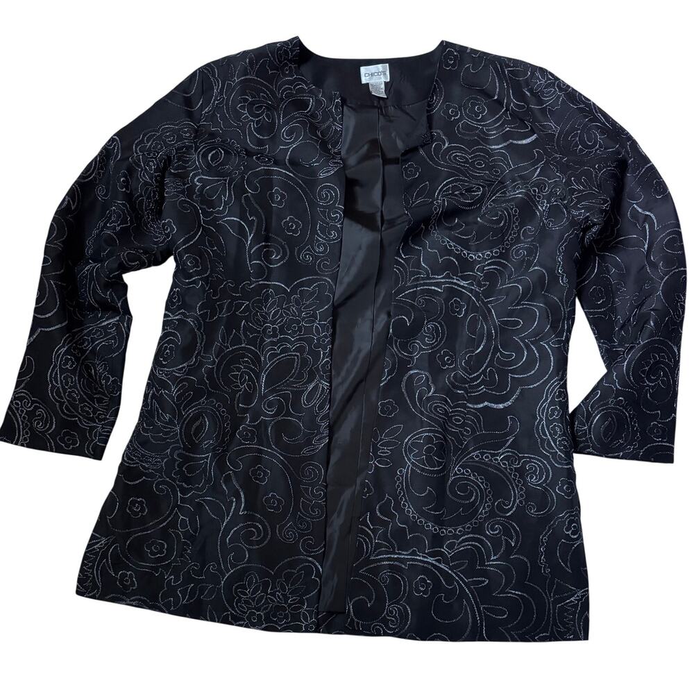 Chico's Black Silk Cardigan Embroidered Paisley Design Women's Size 2